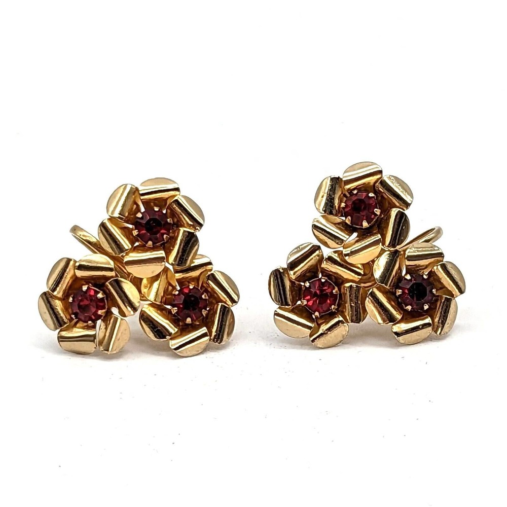 Coro Three Roses Gold Tone Clip On Earrings with Red Rhinestones Signed